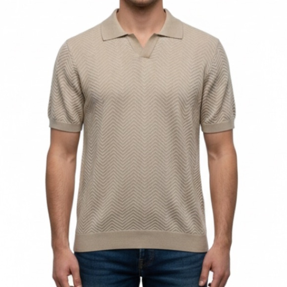 NWT Hechter Paris Sz M Soft Knit Beige Short Sleeve Polo Unique Chevron Pattern